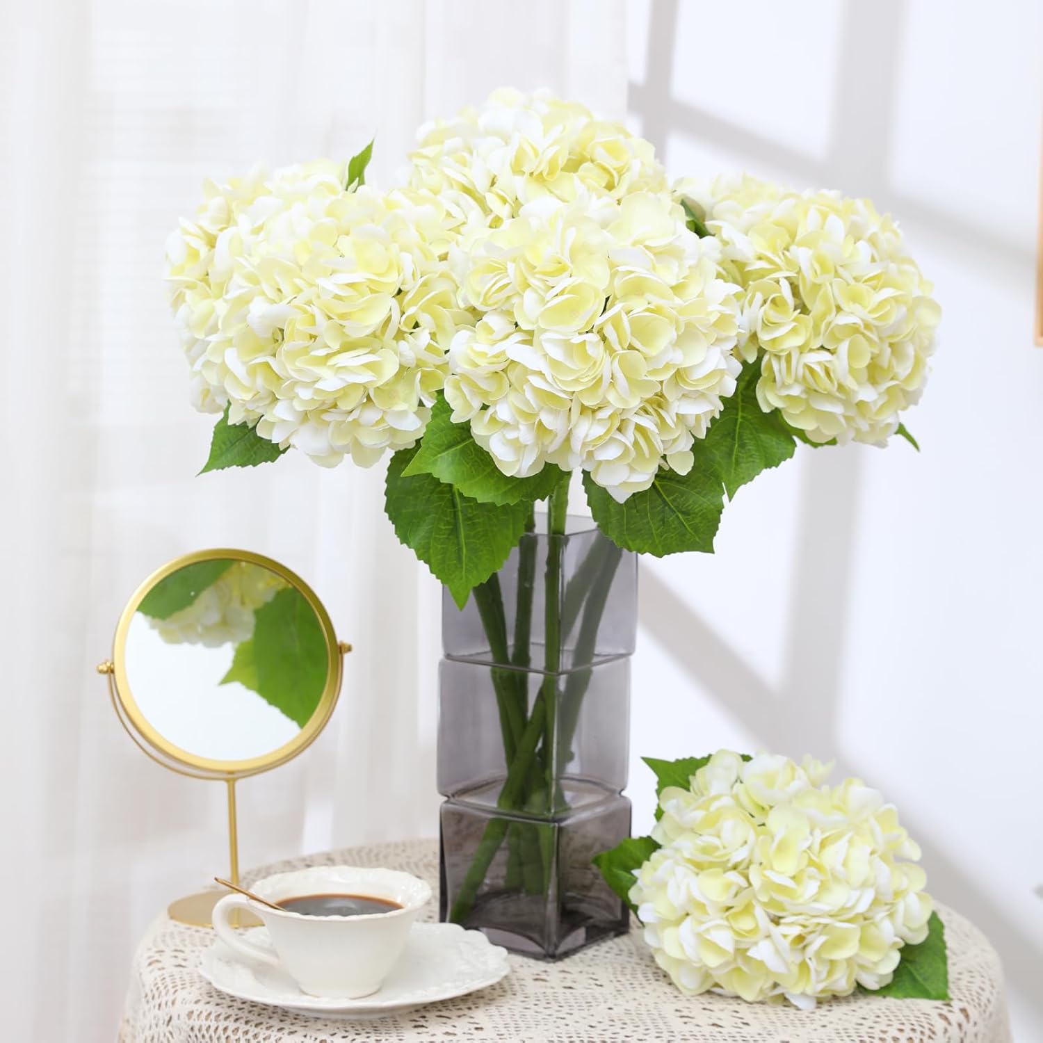 Nubry 4Pcs Beige Hydrangea Artificial Flowers, 22.5In Latex Faux Real Touch Large Hydrangea Flowers with Long Stems & Leaves for Home Office Decor Wedding Party Arrangements(Beige) - Image 9