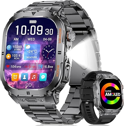 SUNKTA Reloj inteligente militar para hombre, 2.13 pulgadas, AMOLED430 mAh, batería inteligente con linterna LED para Android iOS (respuesta de