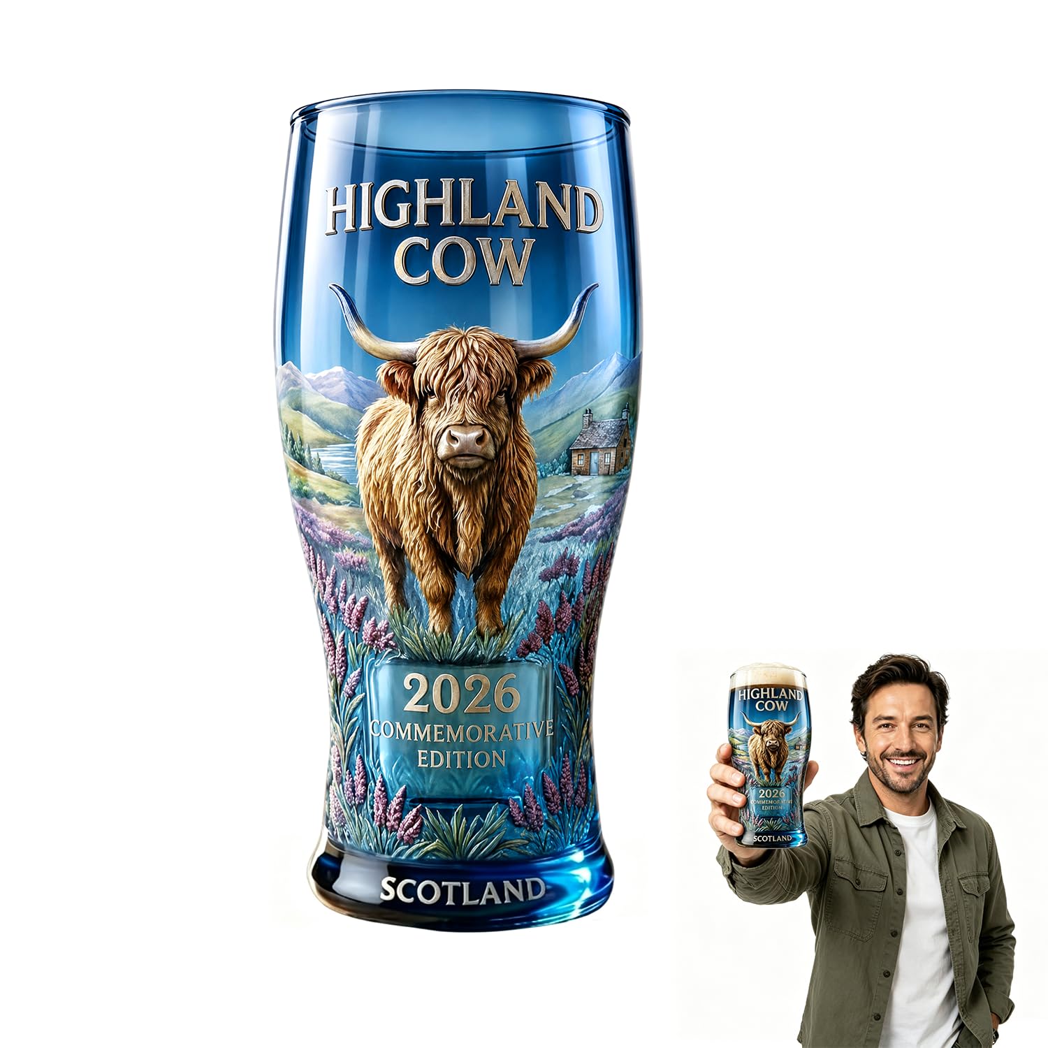 AUOQZ Highland Cow Commemorative Glass Personalised Scottish Cows Stained Pint Glasses for Beer Beverages Milk Crystal Landscape Pattern Glass Stuff Gift for Highland Cow Lovers (550ml Blue)