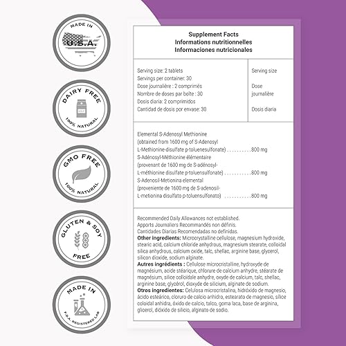 Miniatura 3 de Supersmart - SAM-e 400mg (80% Active Isomer S,S) - Advanced S-Adenosyl Methionine SAM-e Supplement Non-GMO & Gluten Free - 60 Enteric Coated