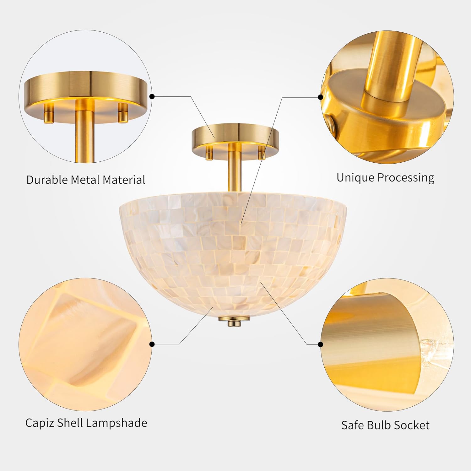 2-Light Mosaic Capiz Shell Ceiling Light, Coastal Style for Dining Room, Living Room & Bedroom, D12 * H14 inch, Real Capiz Shell Bowl Lampshade & Brass Finish Frame