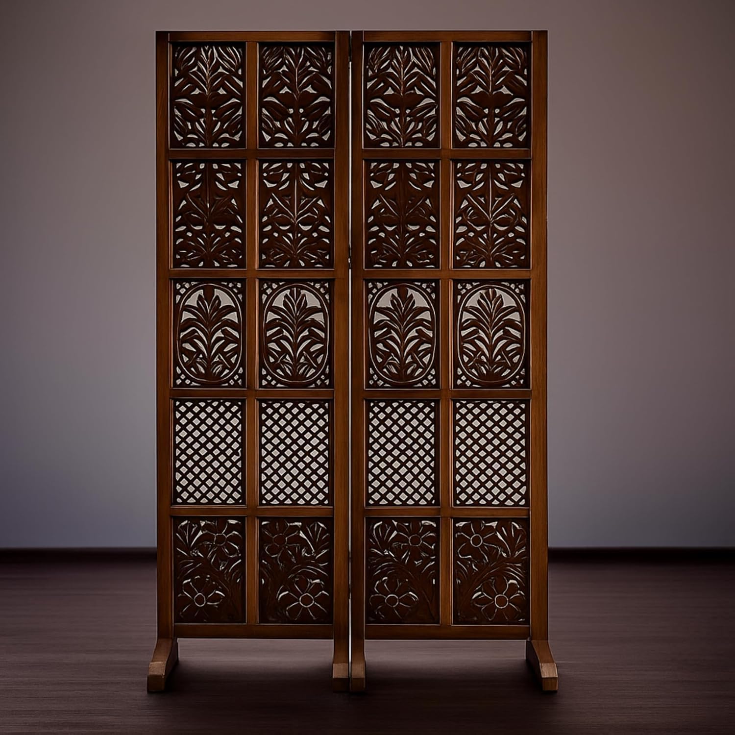 ZS Collection Wooden Room Divider Partition | Folding Privacy Screen with Hand-Carved Floral & Lattice Design, Brown, Floor Stand Base for Living Room & Pooja Room (2-Panels with 3 Bases Stands)