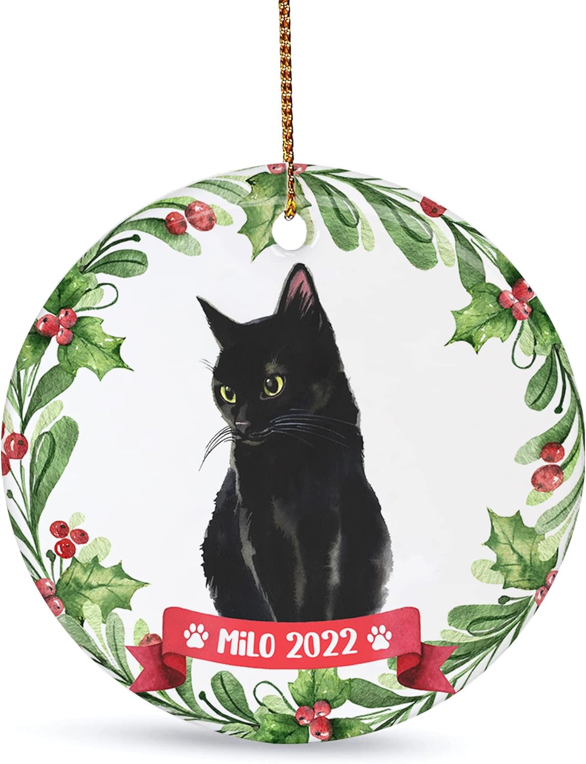 Personalized Black Cat Ceramic 2 Sided Ornament Custom