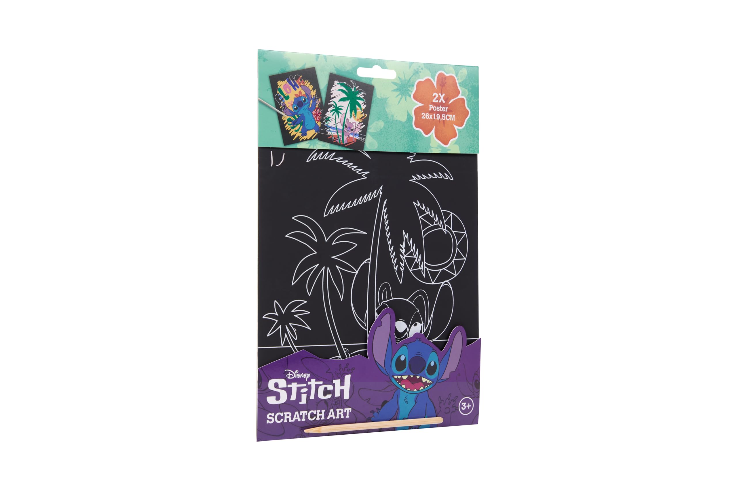 Disney Stitch zestaw obrazów do zdrapywania dla dzieci, kreatywna sztuka drapania z 2 dużymi plakatami, 26 x 19,5 cm, w zestawie drewniany pisak do drapania, efekt tęczy, zestaw do malowania od 3 lat