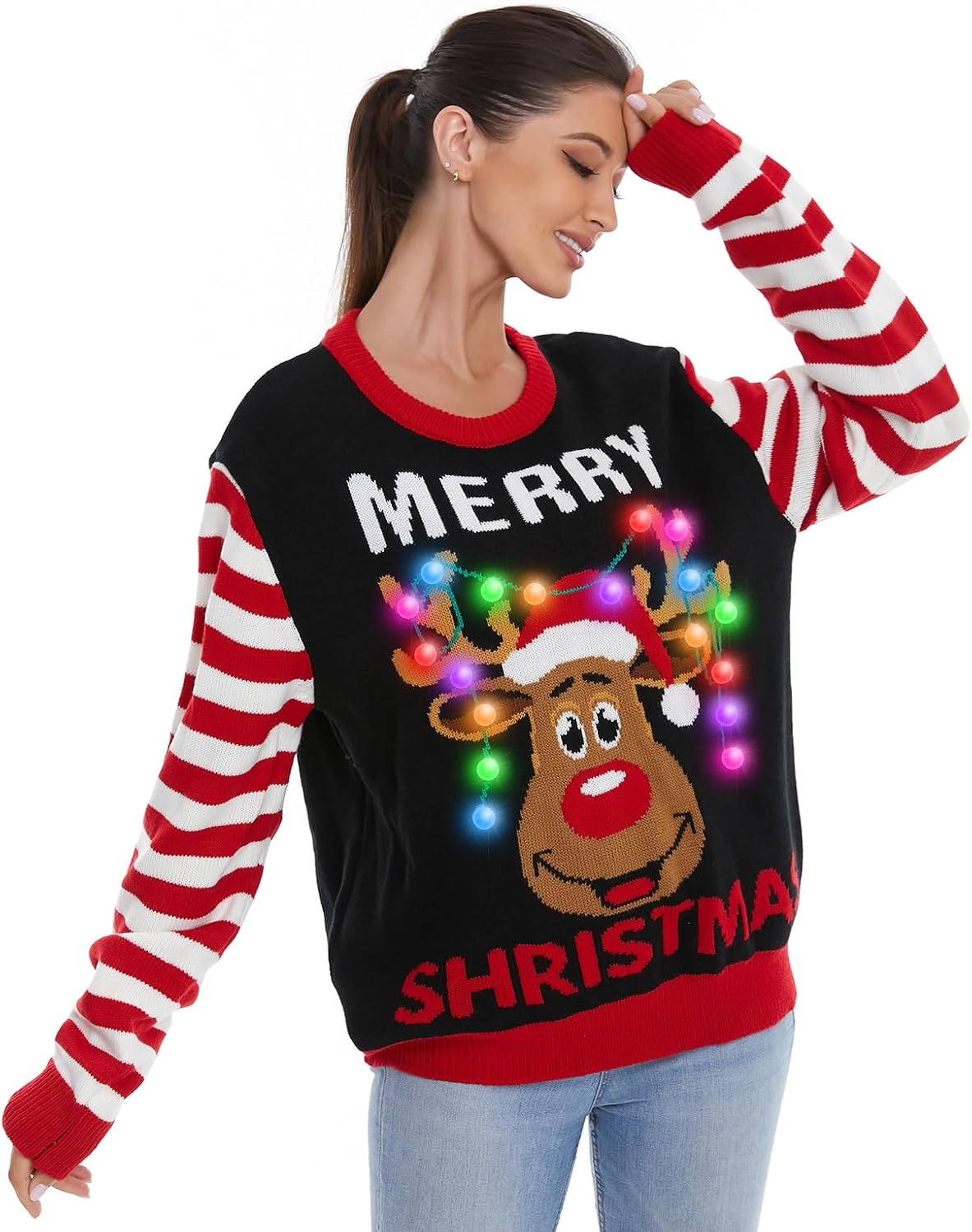 HSCTEK Light Up Adults Christmas Knitted Sweater, Ugly Xmas Pullovers Women | 100% Non-Toxic Acrylic, Long-Sleeve, Crewneck, Built-in Light Bulbs with batteries, Providing Comfort and Fashion Matching