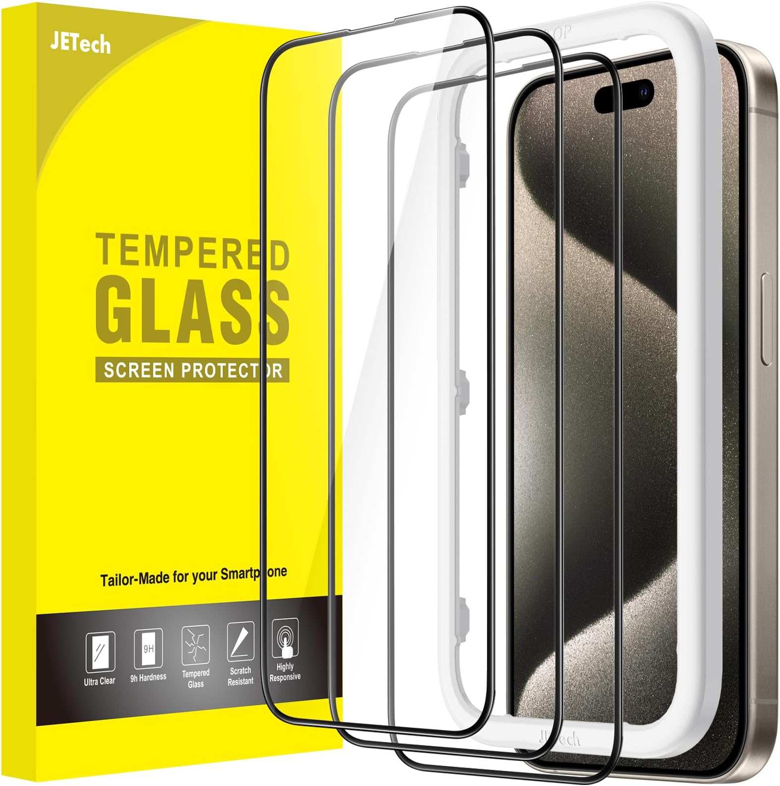 JETech Full Coverage Screen Protector for iPhone 15 Pro Max 6.7-Inch, Black Edge Tempered Glass Film with Easy Installation Tool, Case-Friendly, HD Clear, 3-Pack