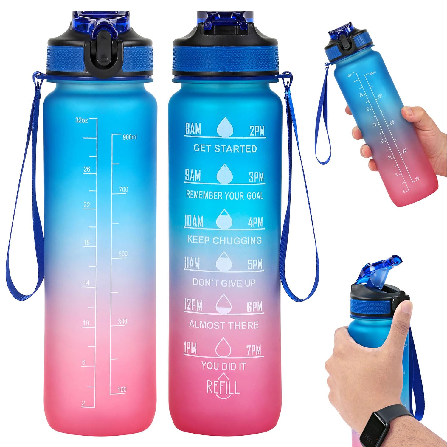  - Blue & Pink 1L Leakproof Water Bottle With Straw & Time Markers Bpa-Free Flip-Top Sports Bottle For Gym School Work Hiking