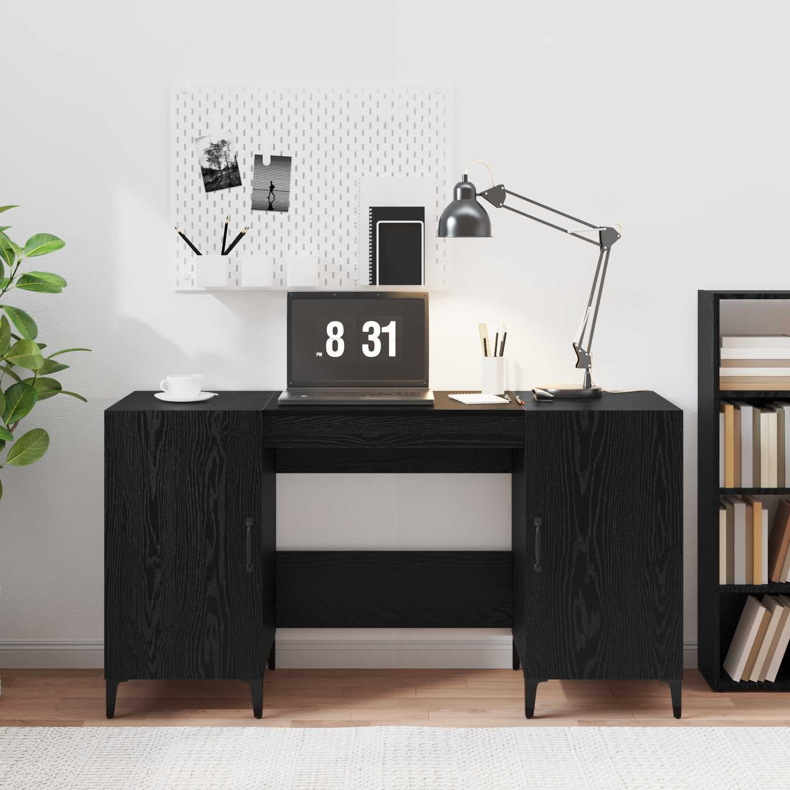 Escritorio de madera con gestión de cables, escritorio grande para ordenador de 140 x 50 cm, diseño moderno con patas de metal negro