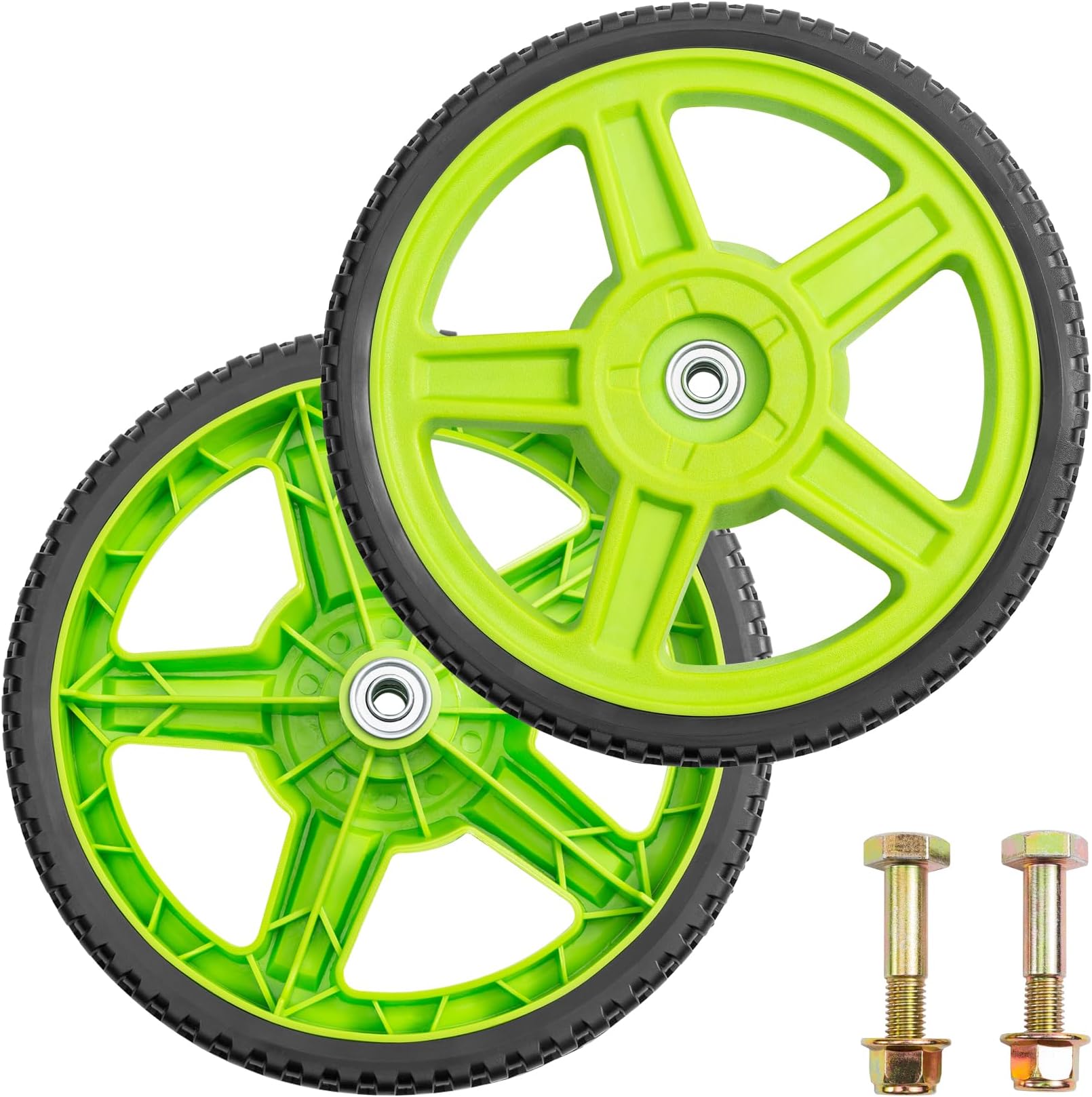2 Pack 12 x 1.75" Lawn Mower Wheels Kit for Push Mower, 2 Wheels, 2 Bolts, 2 Nuts, 12" Wheel for Most Standard Push Lawn Mowers, Green, Set of 2