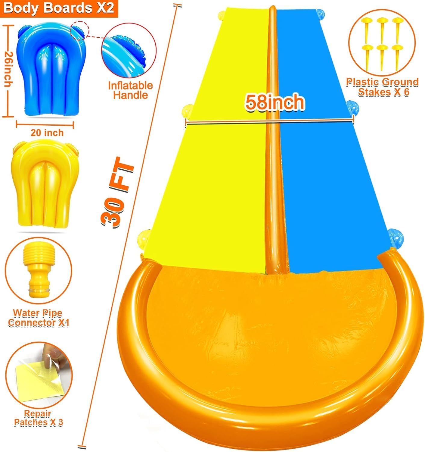 30 Ft Extra Long Slip Water Slide with Sprinkler, Heavy Duty Lawn Water Slide for Kids Adults, Double Lane Water Slide with 2 Bodyboards, Backyard Lawn Summer Outdoor Water Toys for Water Party Play 30Ft Double Lane