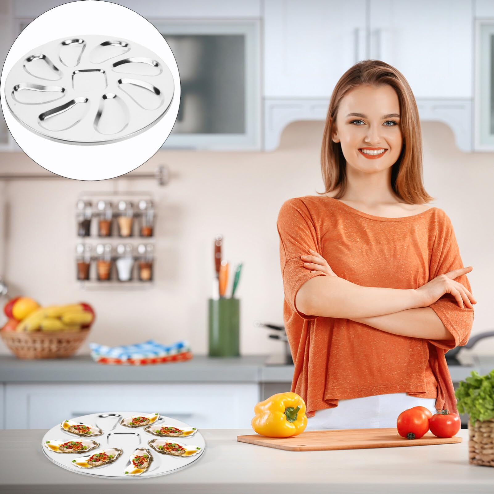Kichvoe Plat à Huîtres en Acier Inoxydable Argenté Finition Polie, Compatible Lave-Vaisselle, pour Restaurant et Cuisson des Fruits de Mer