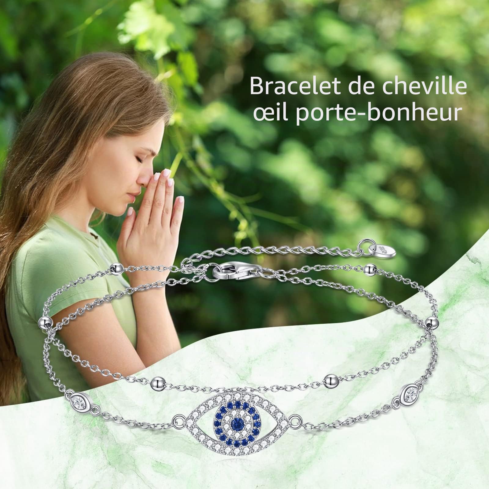 VONALA Bracelet de cheville en argent sterling avec pendentif en forme de cœur celtique et mauvais œil/cœur infini, double couche avec oxyde de zirconium, bracelet de cheville réglable pour femme