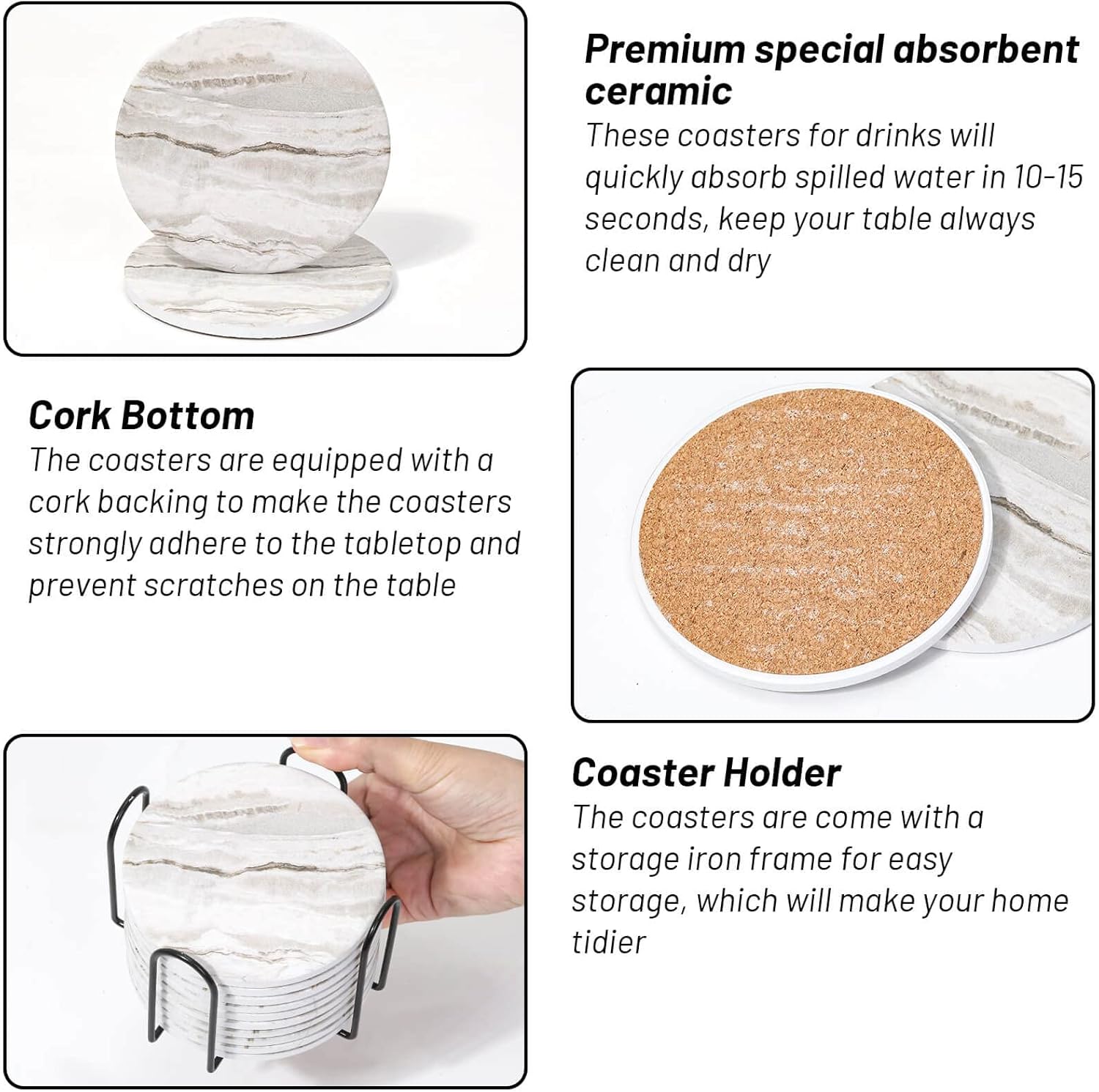 Caffox Coasters Set of 10, Absorbent Drink Coasters with Holder, Marble Style Ceramic Coaster for Wooden Table, Home Decor, 4 Inches(Griege) - Image 5