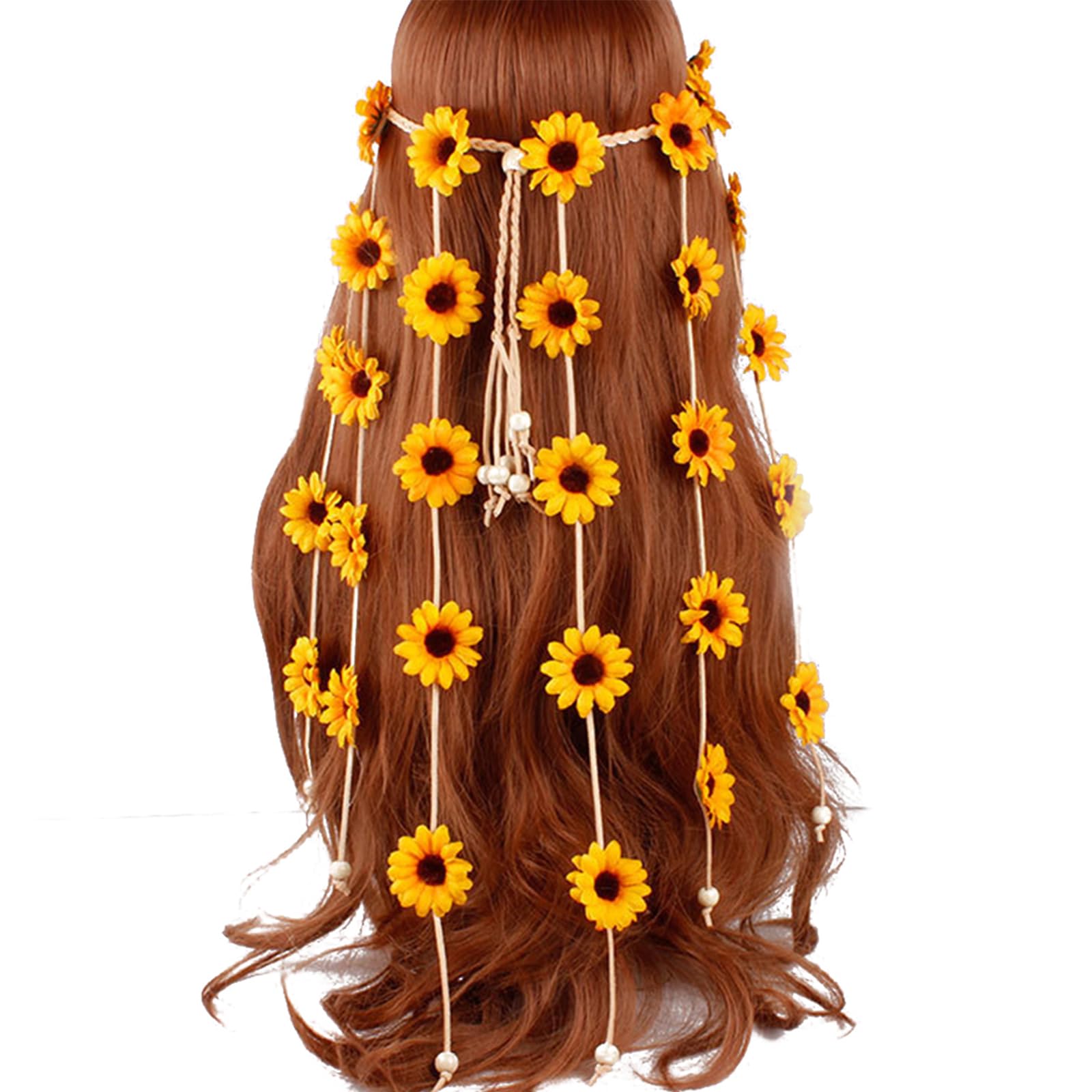 Flower Headband Hippie Sunflower Hairband Floral Crown Bohemian Hair Band Women Girls Boho Hair Hoop Headdress Headwear Headpiece Party Decoration Cosplay Costume Cute Handmade Hair Accessories Yellow-image-34