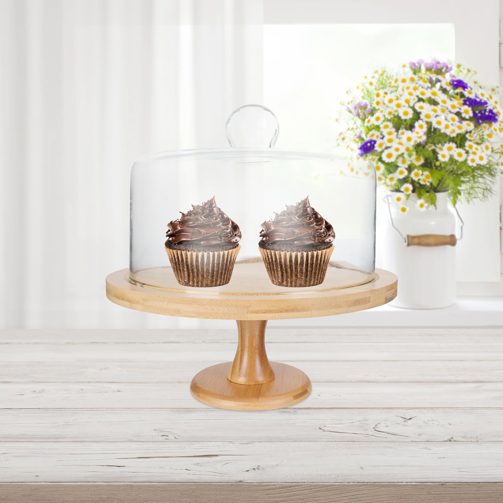 Espositore per Torte in Vetro e Legno Riutilizzabile e Facile da Pulire con Base Kaki, Vassoio per Dolci per Compleanni e Pasticcerie, Set da 1