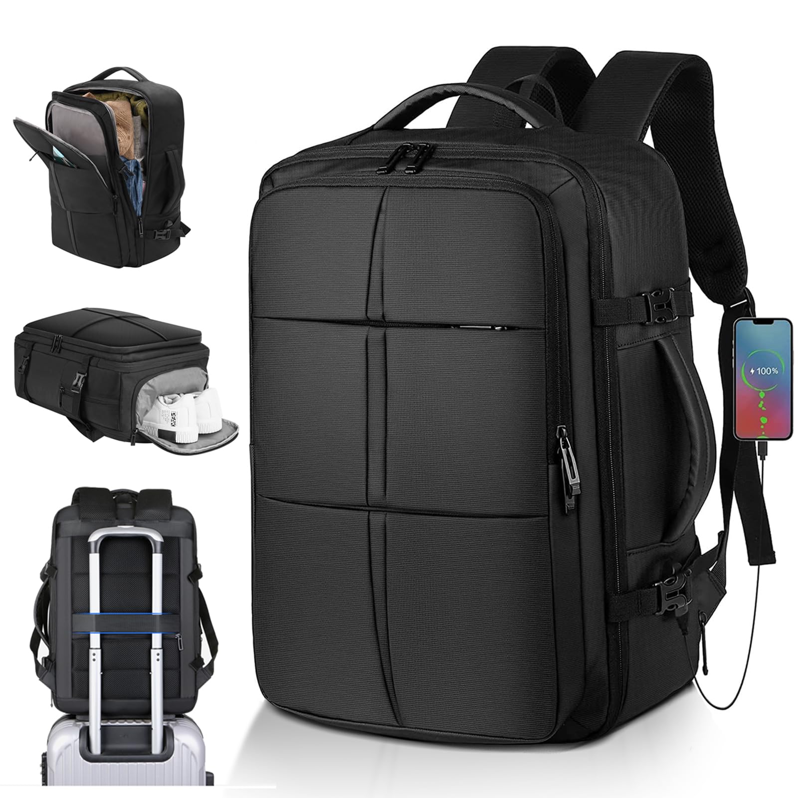 KKNE Mochila Viaje - Expandible, Mochila Grande, Mochila Viaje Cabina Avion, Adecuado tanto para hombres como para mujeres, Con puerto de carga USB, Negro