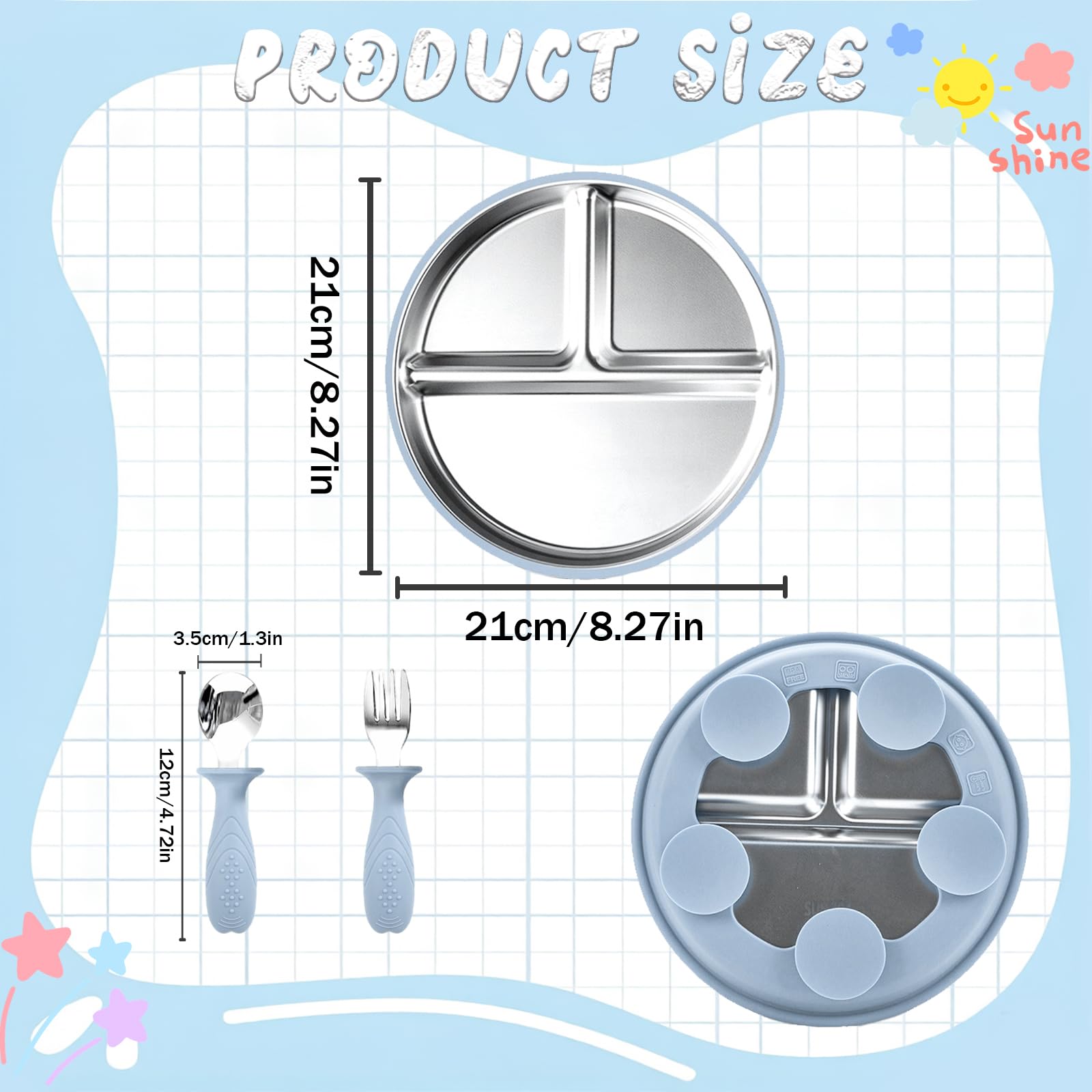 Coffret Repas Bébé – Assiette en Acier Inoxydable avec Ventouse en Silicone + Fourchette et Cuillère – Vaisselle Antidérapante pour Enfant – Sans BPA, Favorise l’Autonomie Alimentaire