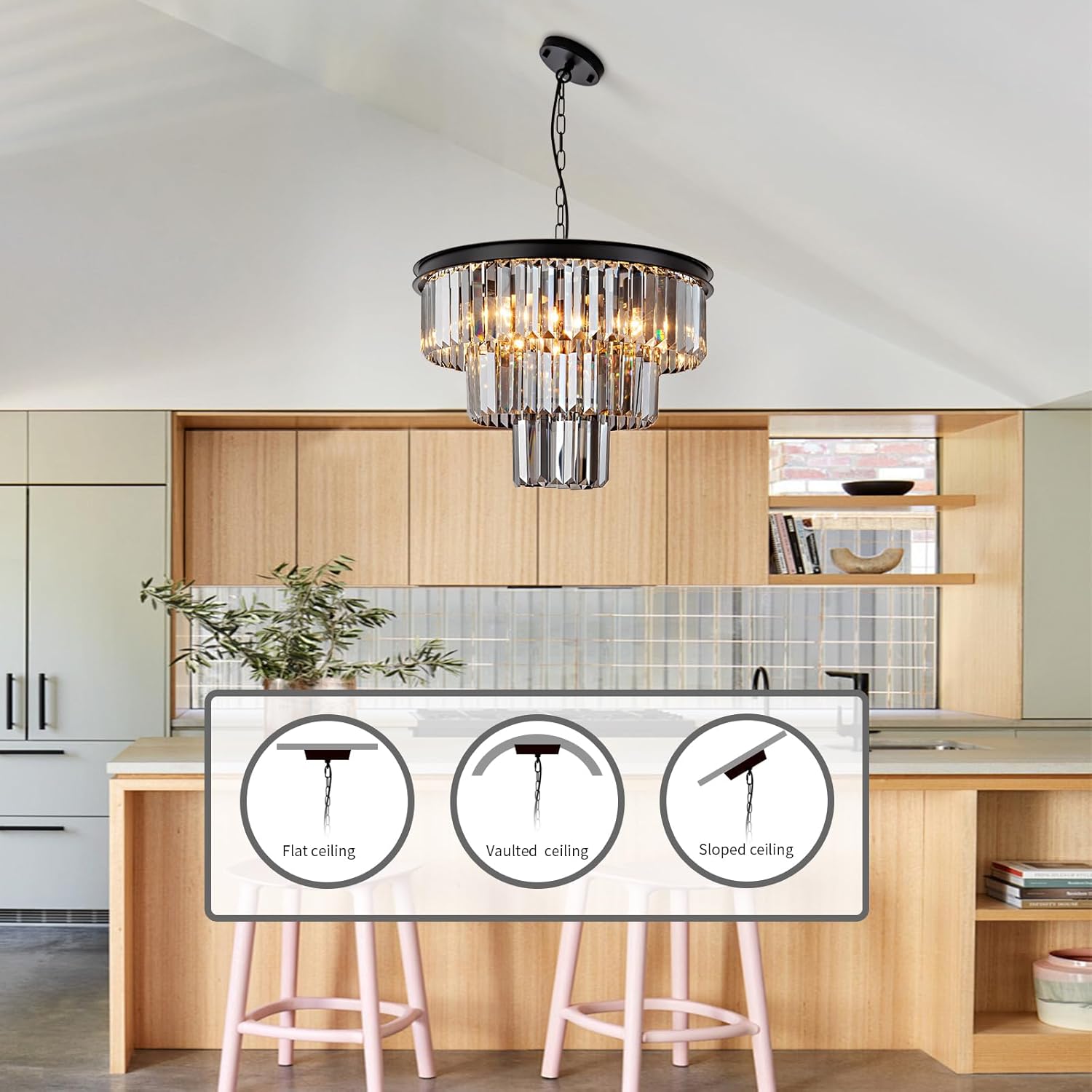 8 Light Black Crystal Chandelier 20'' Luxury Smoke Modern Dining Room Light Fixture 3-Tier Round Hanging Pendant Ceiling Lighting for Entryway Foyer Living Room Adjustable Height E12