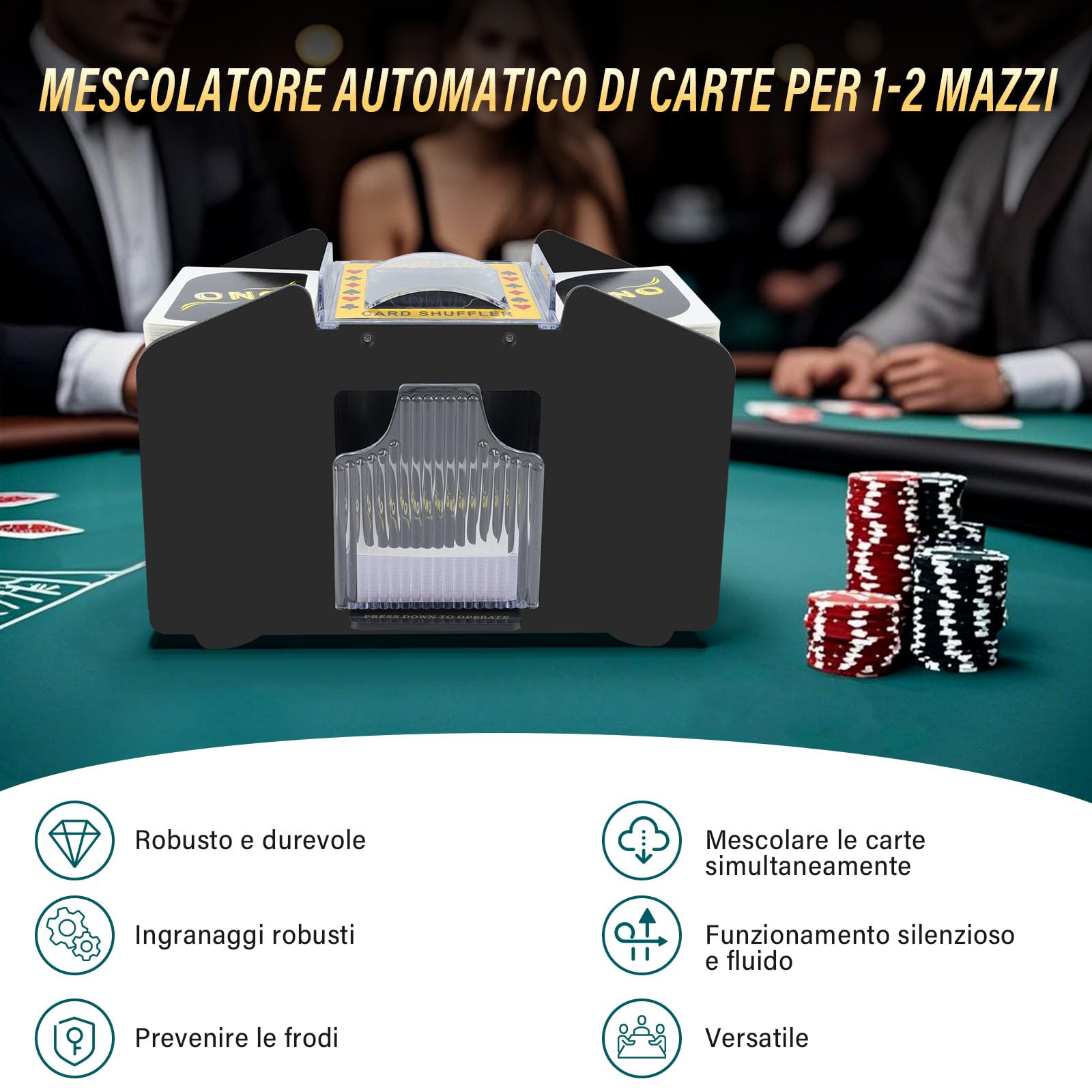 Mischia Carte Automatico, Mescolatore di Carte Elettrico per 1-4 Mazzi, Distributore Carte da Gioco Automatico per UNO, Poker, Blackjack - Dotato di USB