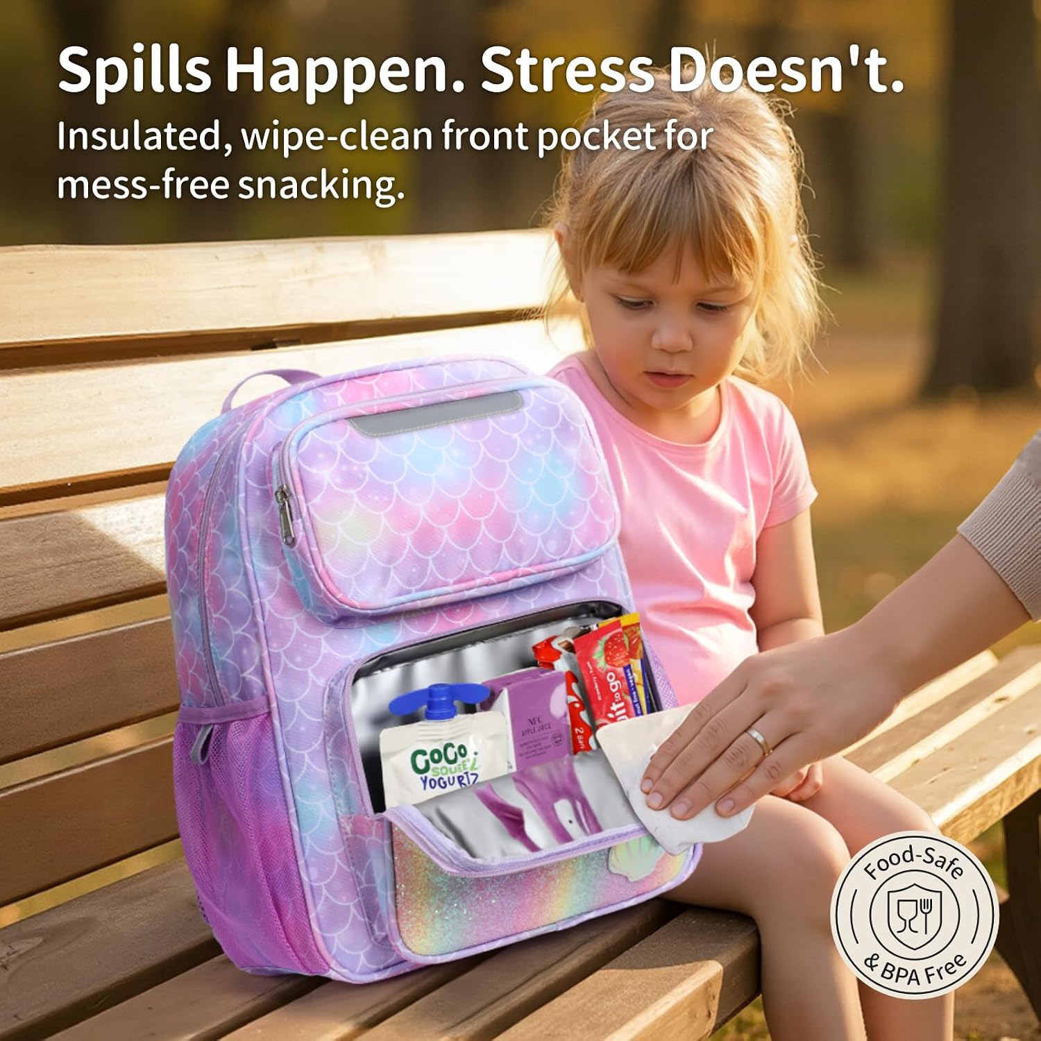 Kids Backpack for Boys Girls - 15 Inch Pre-K Kindergarten Backpack for Kids Aged 4 to 7, 3pcs Backpack Set, Fits Folders, Purple Mermaid