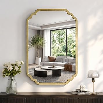 Large Modern Minimalist Decor Mirror - 24"x36" Gold Bathroom Mirrors for Over Sink, Scalloped Edge Rectangle Metal Frame Mirror Decor for Living Room, Bedroom, Hallway, Fireplace