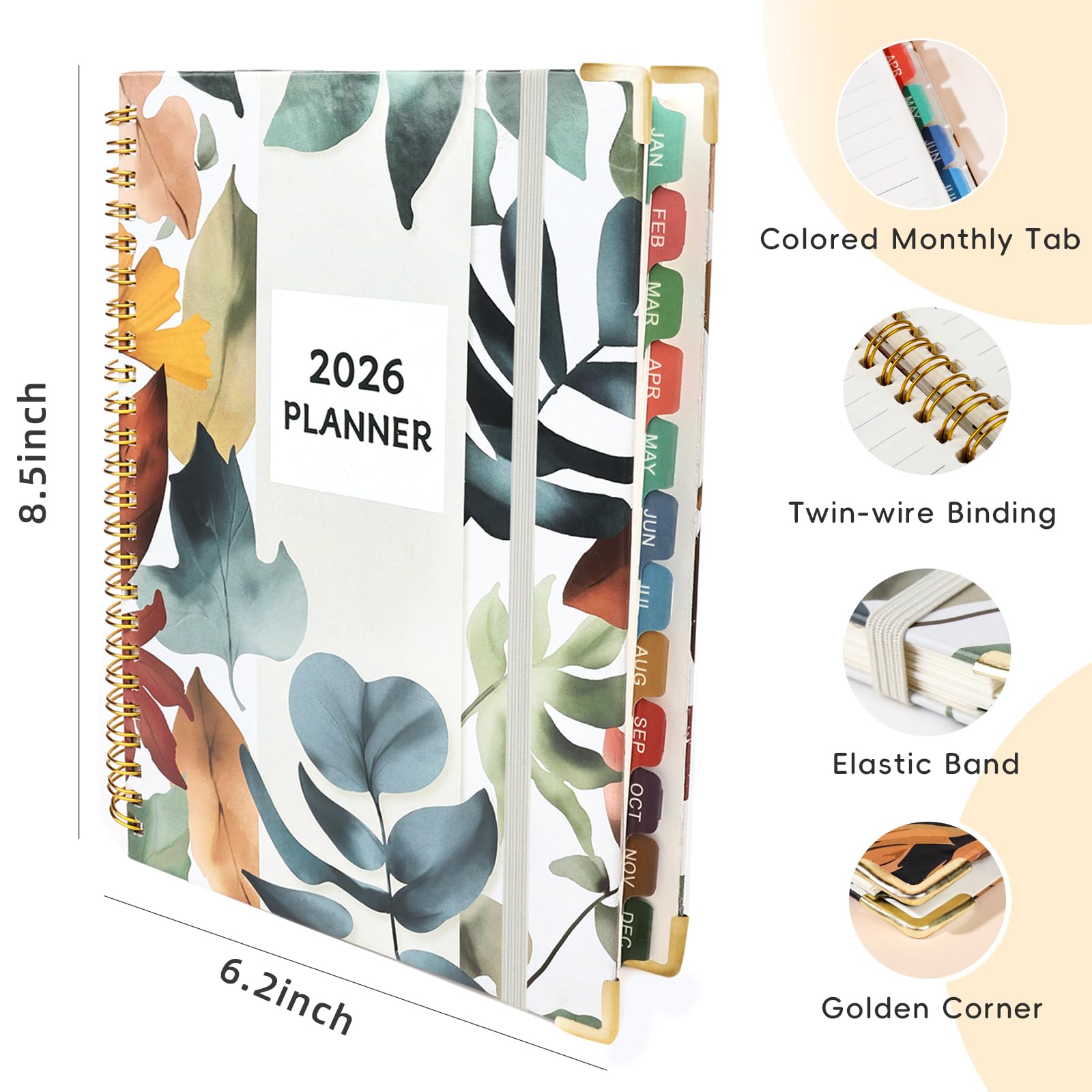 Planer 2026, A5 (16.0 cm x 21.6 cm), planer 2026 styczeń-grudzień, miesięczne/tygodniowe/codzienne zakładki z kontaktami i świętami, twarda okładka, organizer na przybory szkolne i biznesowe (liść)