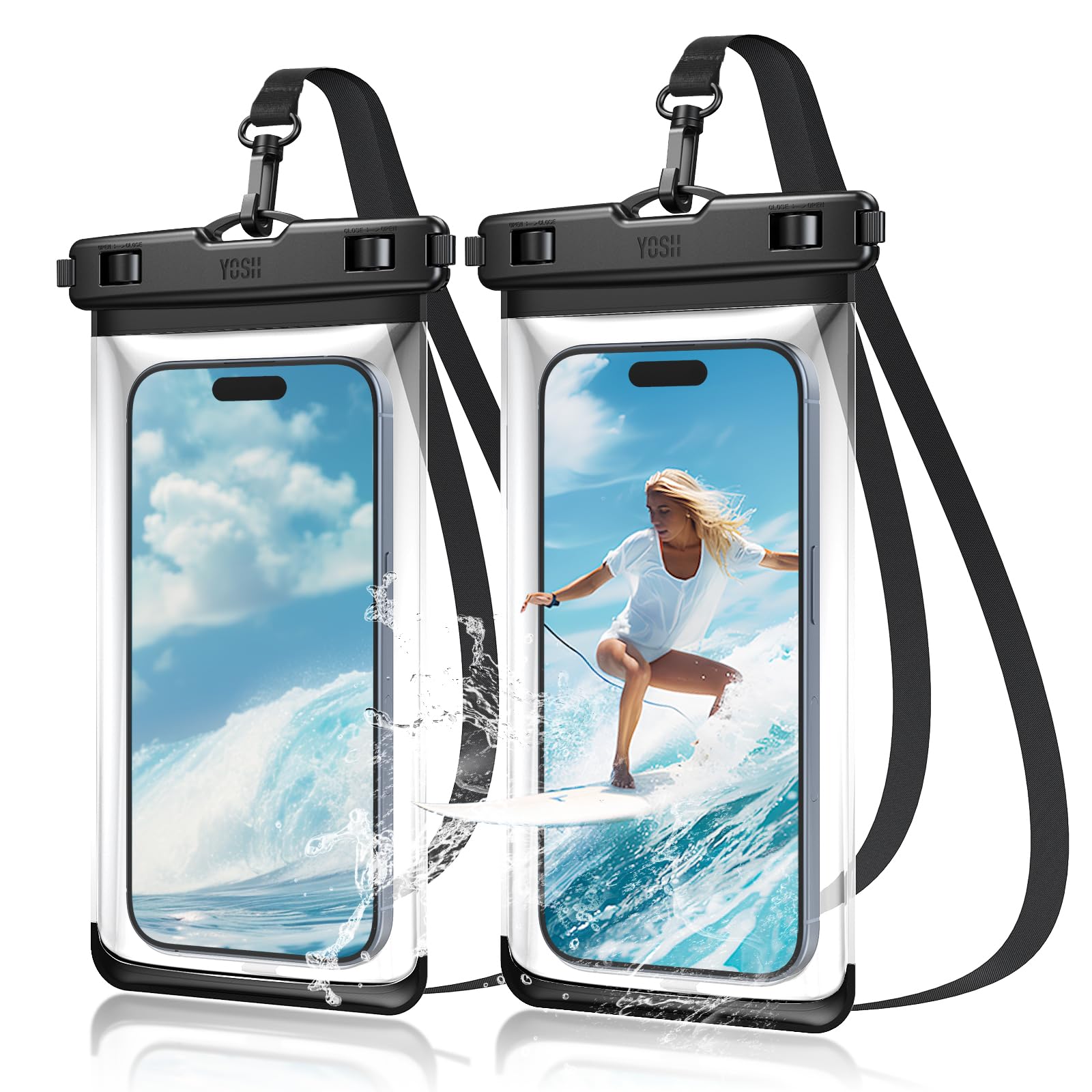 YOSH Custodia Impermeabile Smartphone [Pulsante Laterale Amichevole], 2 Pezzi IPX8 Cover Subacquea, Borsa Impermeabile Universale per iPhone 17 16 15 Samsung S26 S25 Fino a 7,0" Cristallo Trasparente
