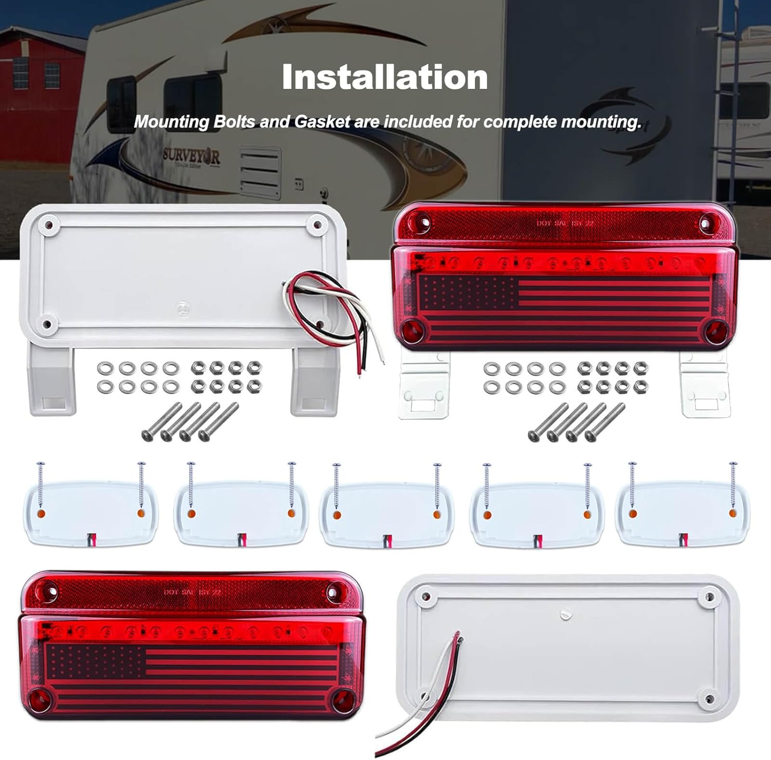 Camper RV Tail Lights Trailer LED Stop Turn Brake Lights with License Plate Lights White Base Brackets + 5pcs Amber Double Bullseye LED Side Marker Lights