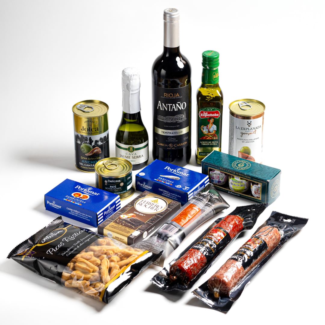 FAMILYCOM Cesta Gourmet para regalar - Surtido con Chocolates originales de regalo - Lote de embutidos, Conservas, Selección de vinos, Champagne, Aceite De Oliva Virgen - Regalo Hombre, Mujer