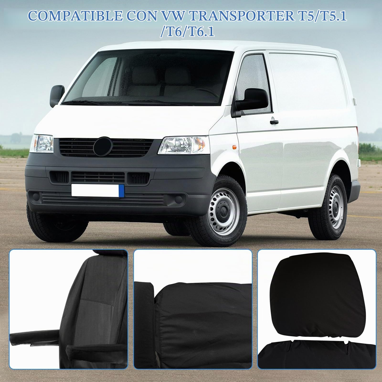 Juego de Fundas de Asientos de Coche para VW Transporter T5 T6 2015-2022, 3 Asientos Fundas de Asiento Negras Impermeables, Asientos de Conductor y Pasajero Doble