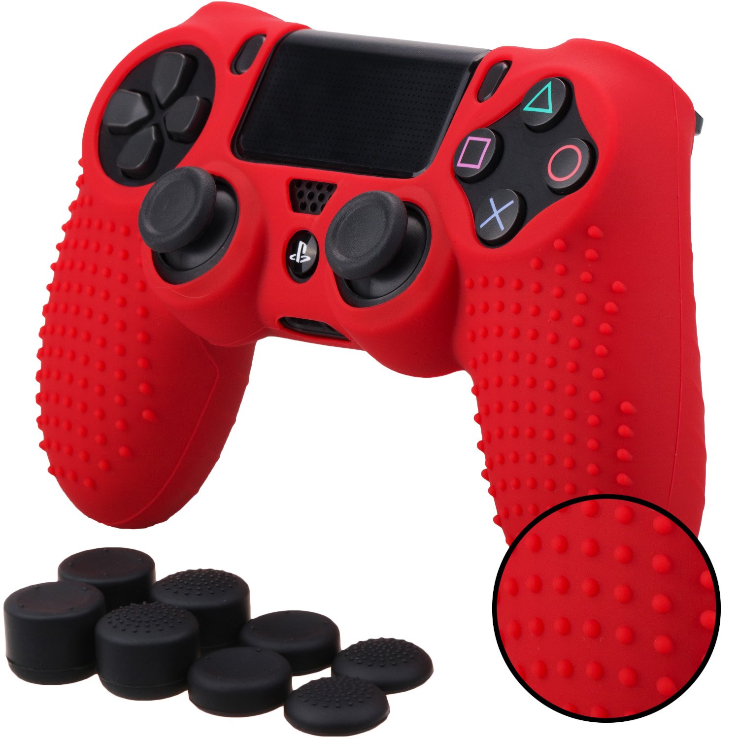 BORCHIE silicone custodie cover pelle antiscivolo per PS4 controller x 1 (rosso) + FPS PRO thumb grips pollice prese x 8