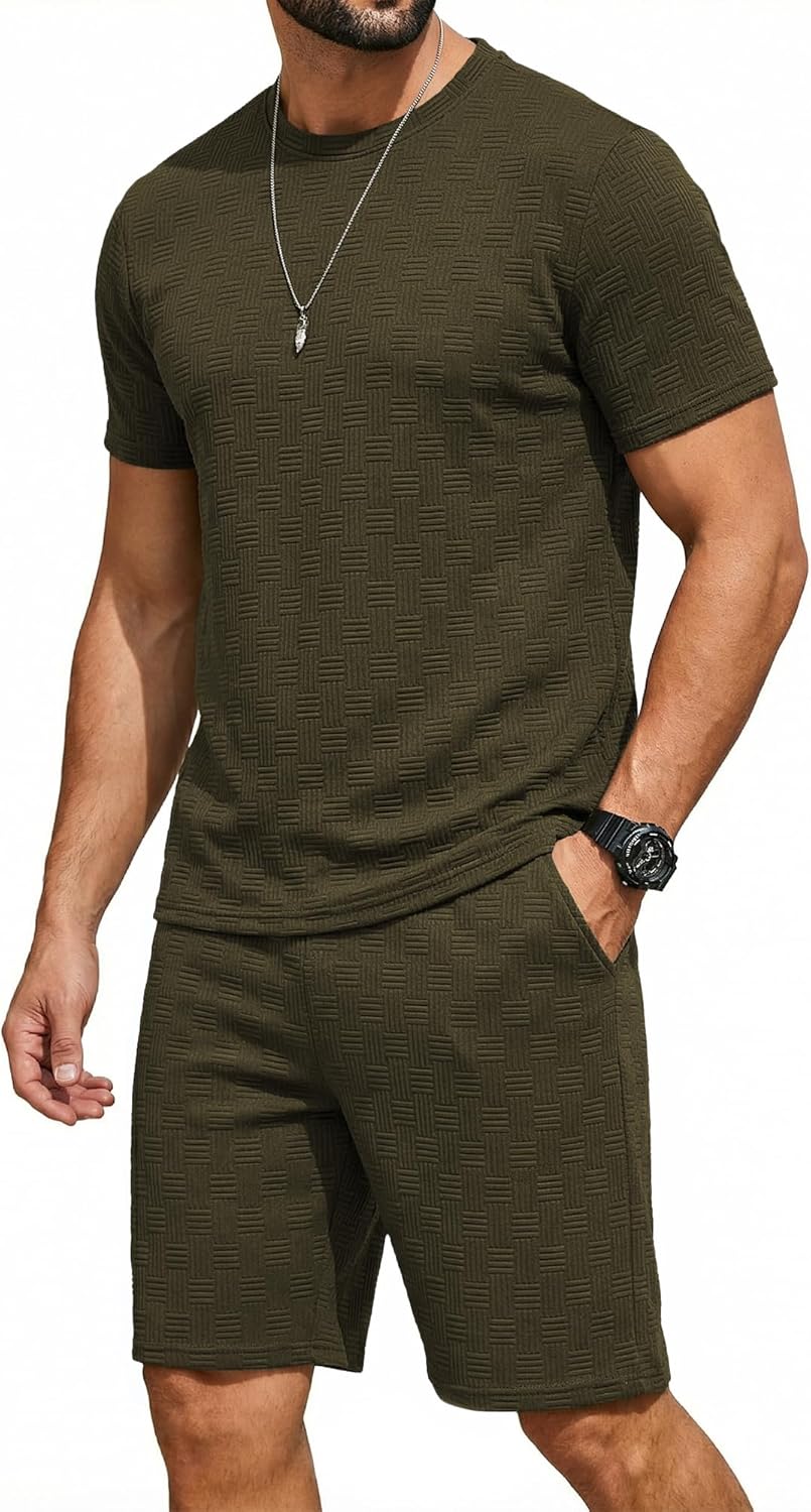 YTD Men's 2 Pieces Outfits Casual Jacquard Textured T Shirts and Shorts Sets Fashion Summer Tracksuits with Pockets