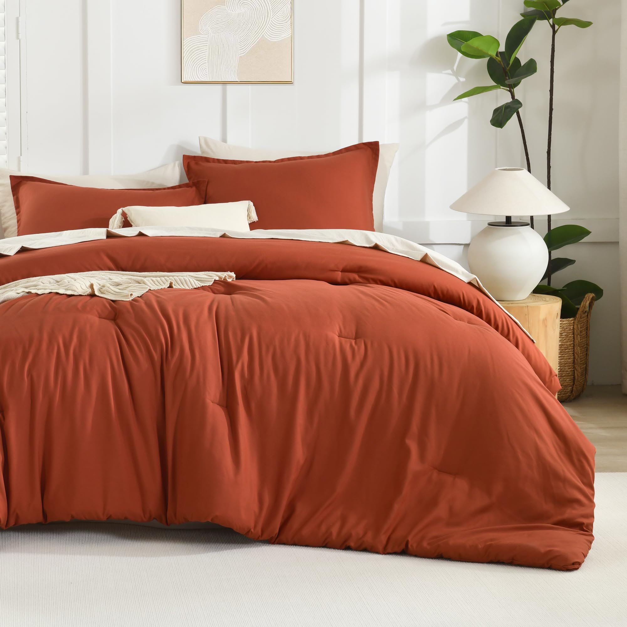 Litanika Comforter King Size Bed Set Burnt Orange, 3 Pieces Terracotta Boho Lightweight Fluffy Solid Bedding Comforter Set, Rust All Season (104x90In Comforter & 2 Pillowcases) (color may vary ours is beige)