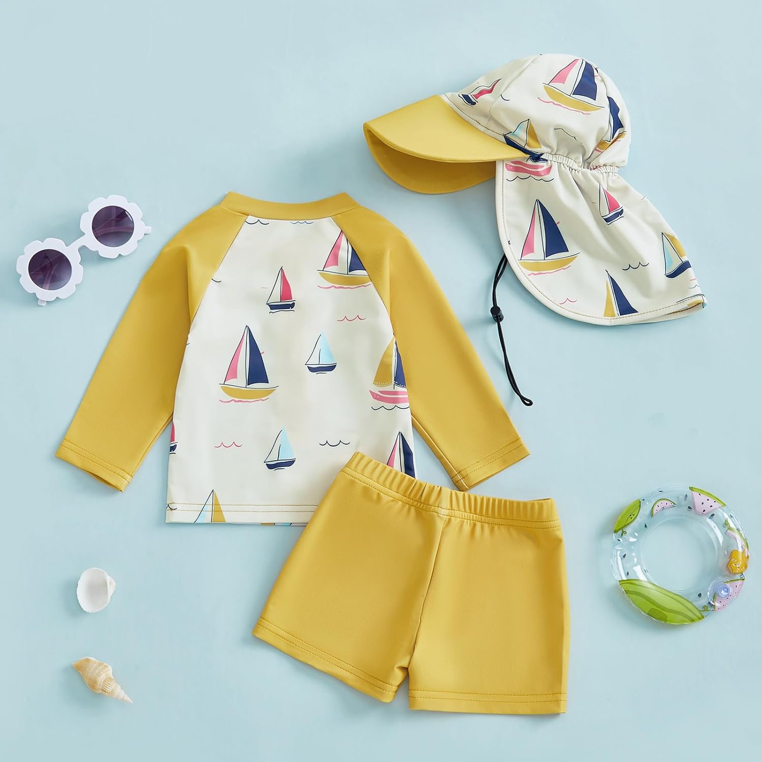 DuAnyozu Baby Boys Swimsuit Long Sleeve Rash Guard Swimwear Baby Boy Swim Trunk with Hat Set 3-Piece Toddler Bathing Suit - Image 6