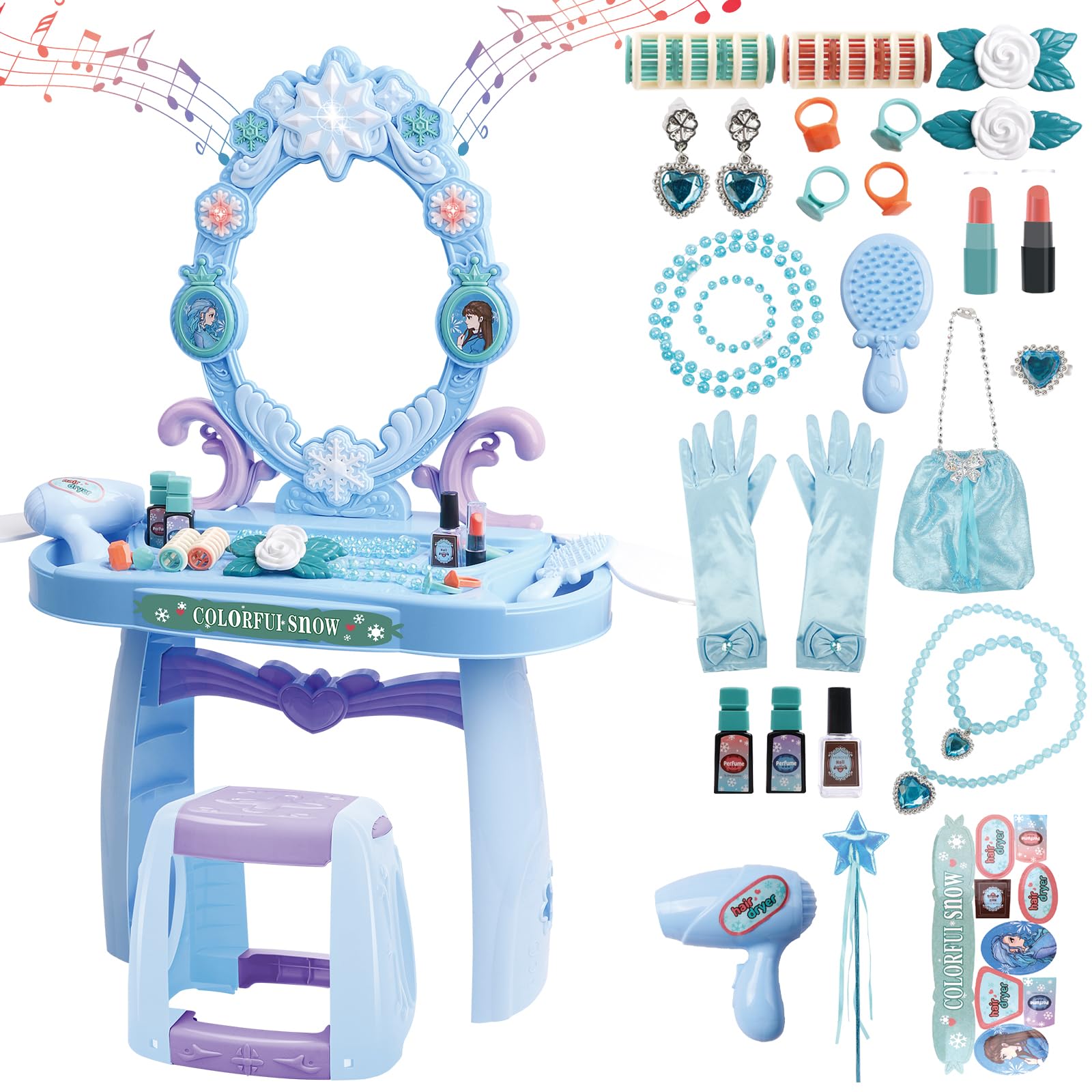 deAO Kids Vanity Table and Chair Set with Mirror and Chair, Toddler Vanity with Light & Music, Pretend Play Makeup & Hair Dryer Toy, Beauty Salon Gift for Girls Ages 3-5 (Blue)