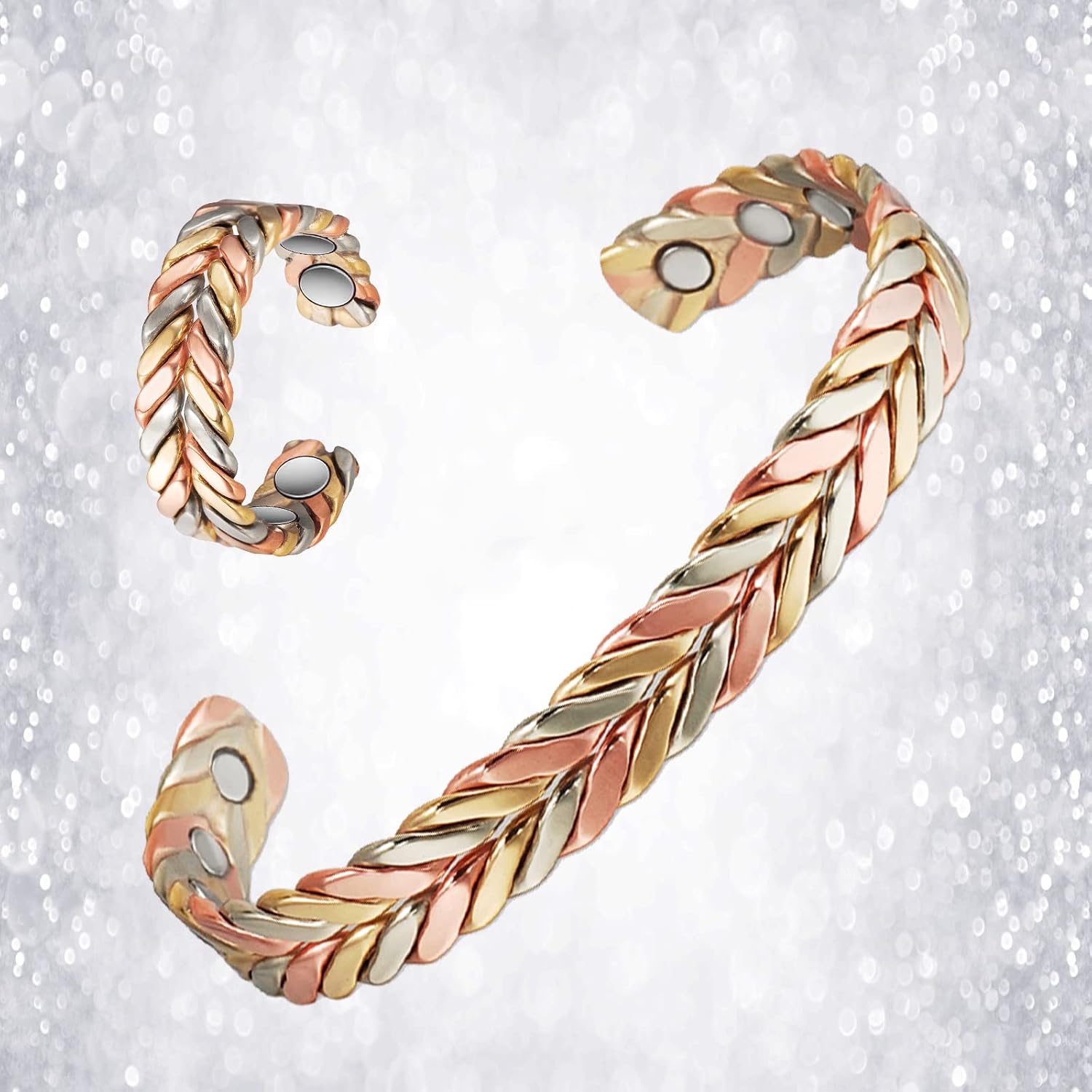 Copper Bracelet for Women, Pure Copper Suit Adjustable Three-Color Gold Braid Magnetic Bracelet Ring, Fashsion Jewelry Presents（0932 2040）