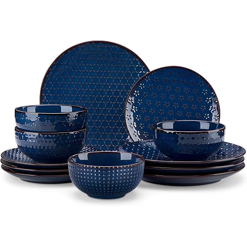 MALACASA 12 Pieces Dinnerware Sets, Modern Plates and Bowls Sets, Blue Dish Set for 4, Kitchen Ceramic Dinner Plates Dishware Set, Microwave and Dishwasher Safe, Series LYDIA