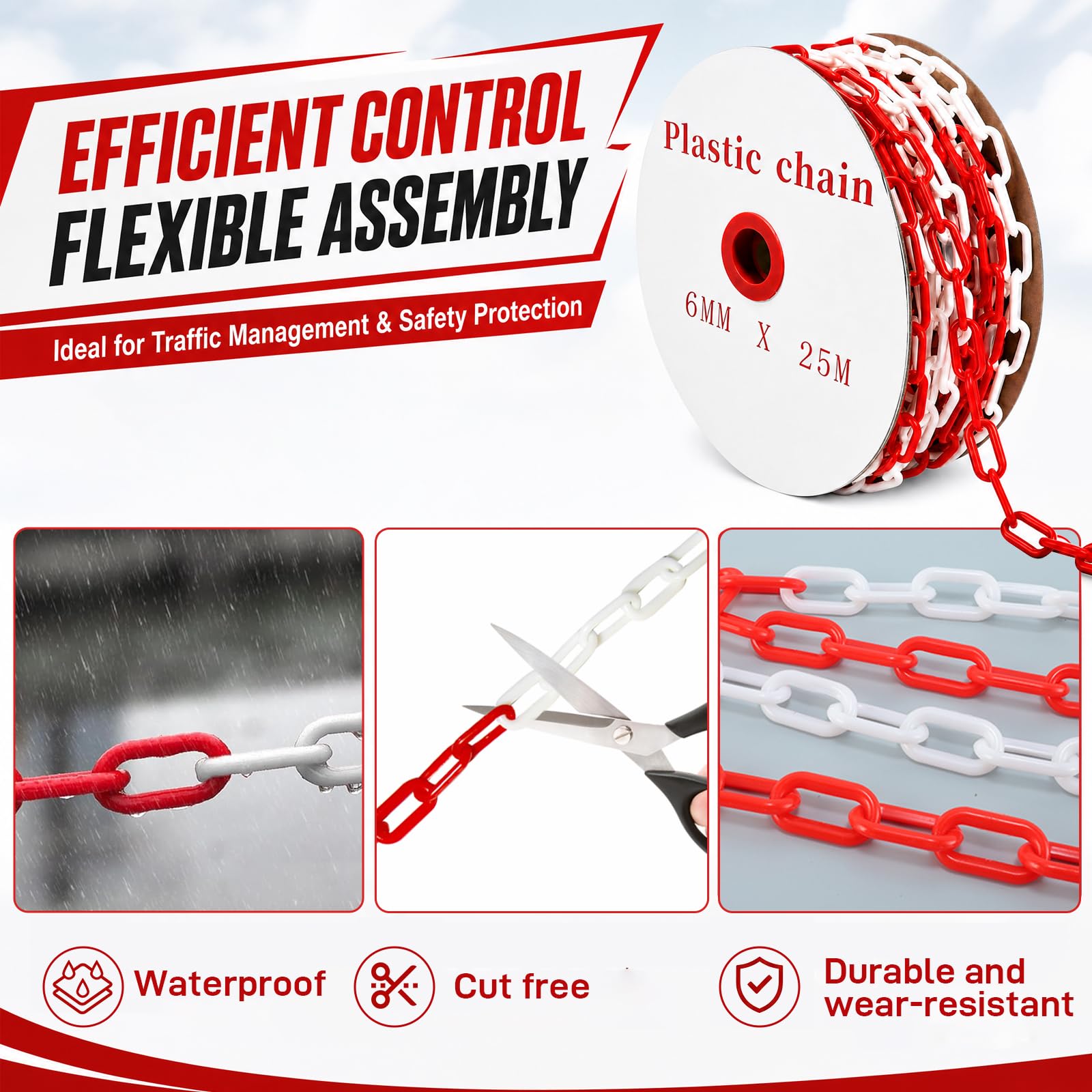 Chaîne de sécurité en plastique rouge et blanc, 50 m, chaîne d'avertissement de 6 mm | Chaîne en plastique avec crochet en S rouge et blanc pour chantier, parking et entretien des commandes