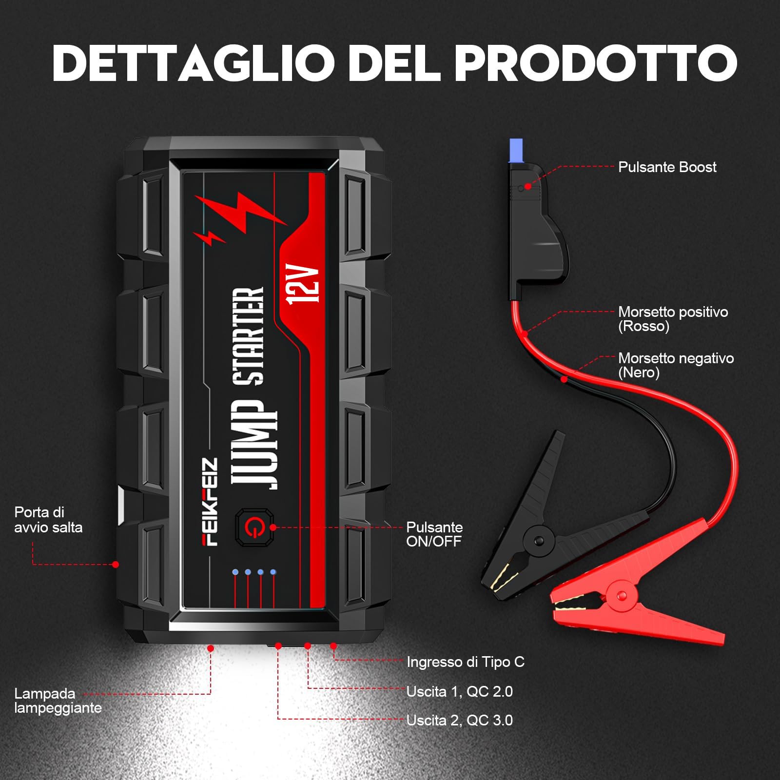 FEIKFEIZ Avviatore Batteria Auto, 5000A 22800mAh Avviatore Emergenza per Auto(Adatto a Tutti i Veicoli a Benzina o 8,0L Diesel) 12V,Avviatore di Emergenza, Jump Starter, con Torcia LED.