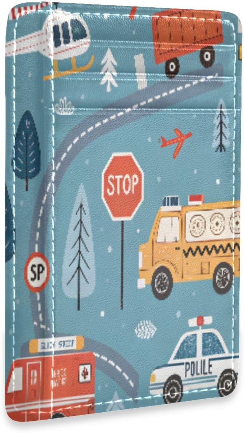 Slim Minimalist Wallet, Front Pocket RFID Blocking Wallet for Men & Women, Cartoon Vehicles Thin Leather Credit Card Holder
