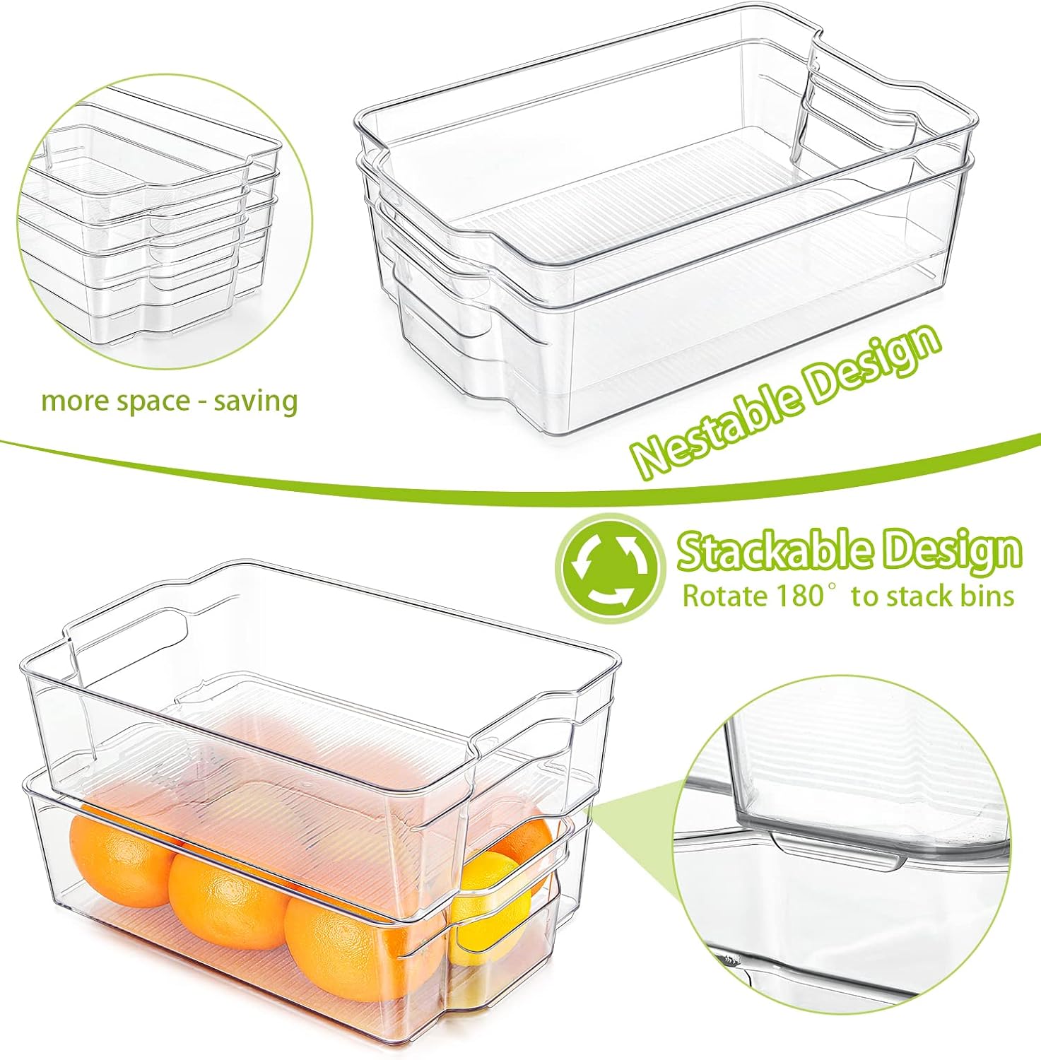 Refrigerator Organizer Bins Set of 4, Paincco Stackable Clear Plastic Food Storage Bins with Handle for Freezer, Cabinets, Fridge, Countertops, Kitchen & Pantry Organization Storage, BPA Free, Large