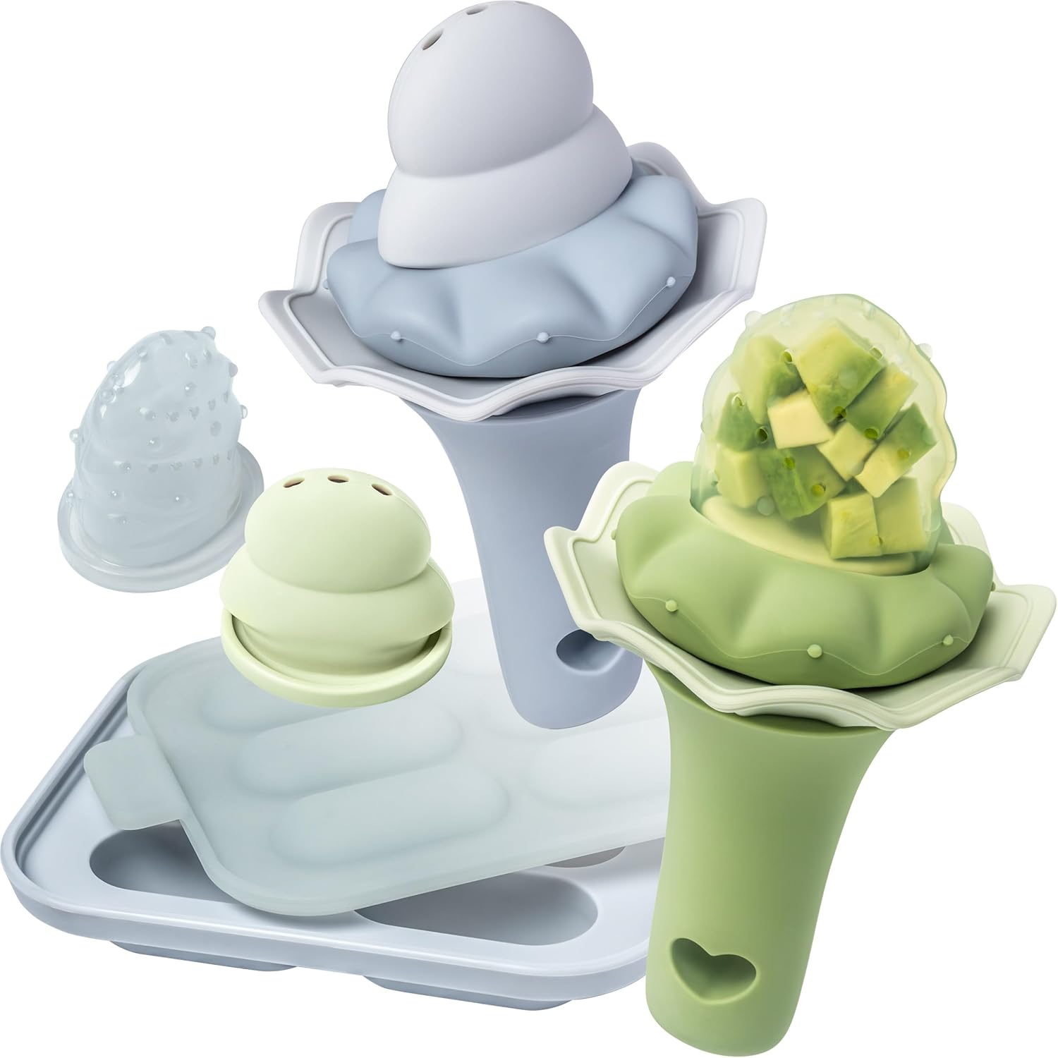 moonkie baby fruit feeder with freezer tray, bpa free silicone food feeder for infant self feeding, breastmilk popsicle molds, mesh feeder with two pouches, baby shower gifts 4 months+, 2 pack a-tarragon/sky blue 2 pack + freezer tray