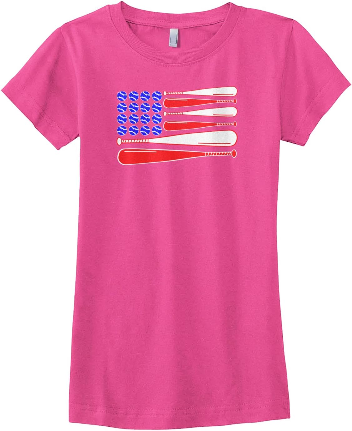 Threadrock Big Girls' Baseball and Bat American Flag Fitted T-Shirt