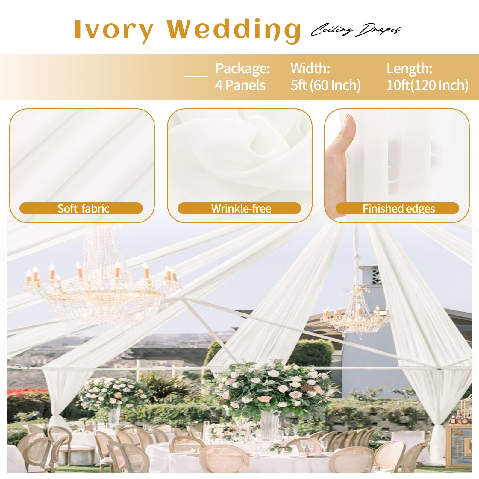 Lot de 4 rideaux de plafond en mousseline de soie transparente pour mariage, plafond, fête, cérémonie, scène, 1,5 x 3 m, ivoire