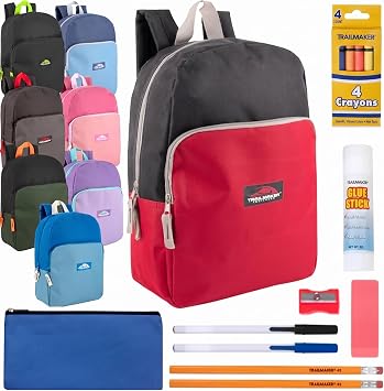 Trail maker 24 Pack Bulk Backpacks with School Supplies for Kids, 15 Inch Bulk Backpacks with 12 Piece Wholesale School Supply Kits Mixed Assortment