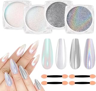 SIUSIO 4Colors Chrome Nail Powder Magic White Pearl Kit Mirror Effect Silver Metallic Holographic Dip Powder For Resin Craft Nail Art Decoration Iridescent Aurora Mermaid Pigment-Holographic Galaxy