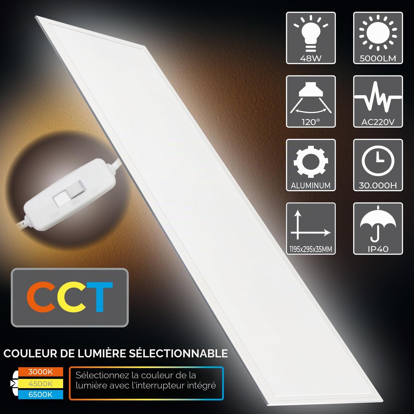 LED ATOMANT Panneau LED Encastrable 120x30cm 48W CCT 3000K-6500K 5000lm