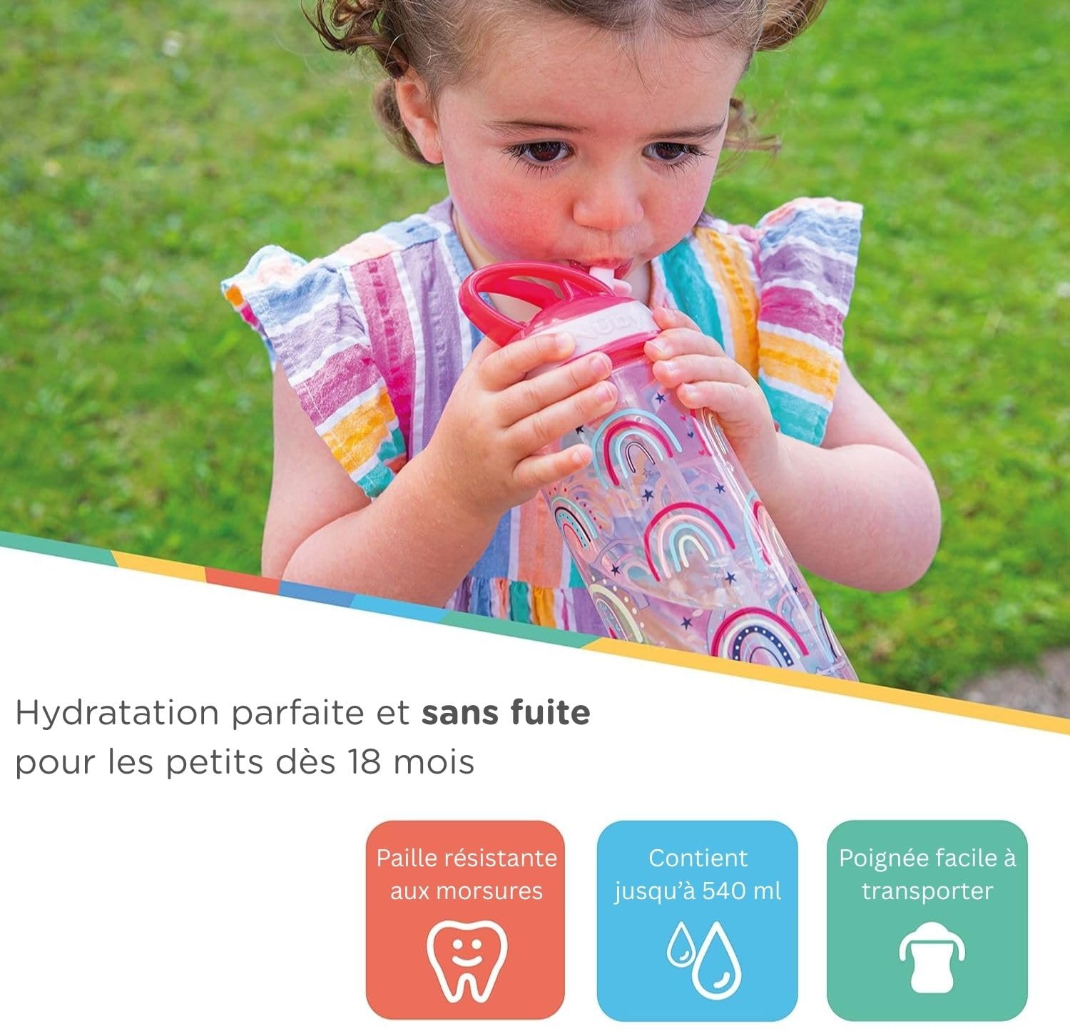 Nuby Super Flip – Tasse pour enfants | Anti-fuites | Poignée de transport | Motifs arcs-en-ciel | 540 ml | Poignée de transport | +18 Mois | 2 pack