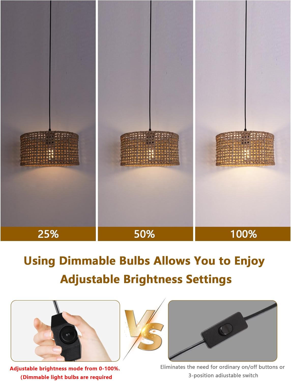 Plug in Rattan Pendant Light, Open-Weave Drum Shade, 15ft Cord with Rotary Switch, E26 Hanging Lamp for Kitchen Nook, Closet, Apartment
