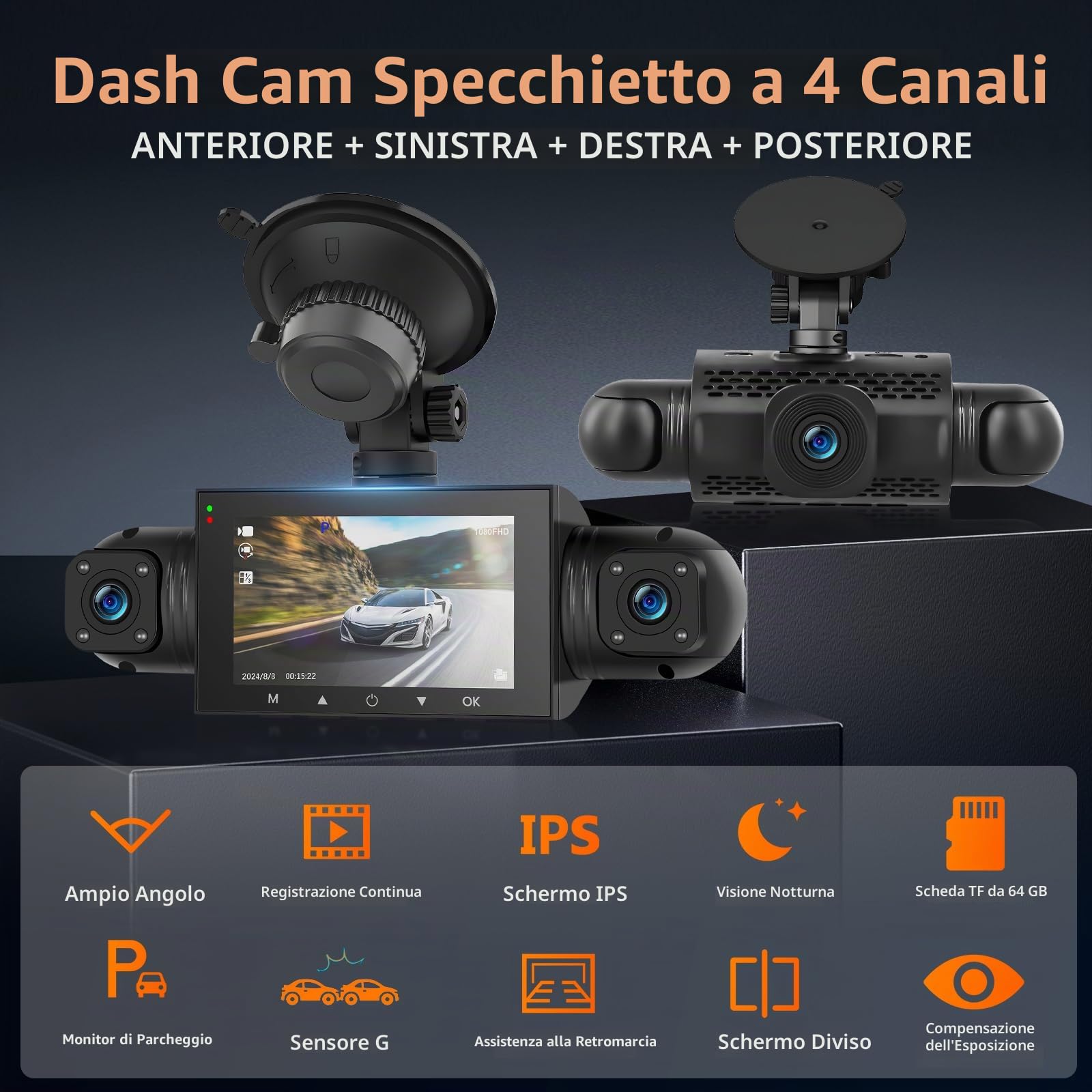 Mirror Dash Cam 4 Canali Anteriore Posteriore, Telecamera per Specchietto Retrovisore con 64GB Card/G-Sensor/Parking Monitoring/Night Vision/24H Parking Mode+Telecamera Posteriore Impermeabil